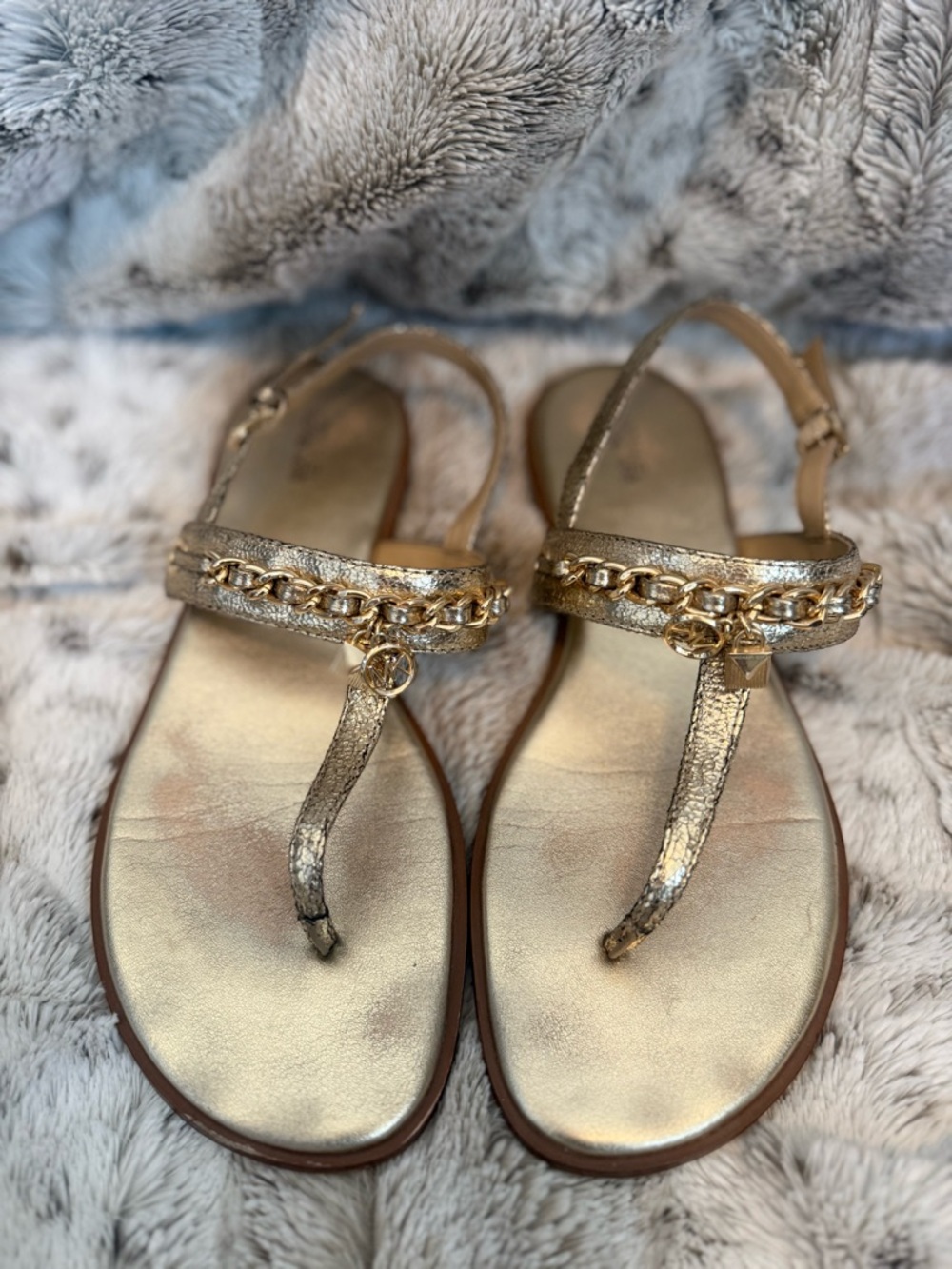 Michael Kors Metallic Gold Chain T-Strap Sandals